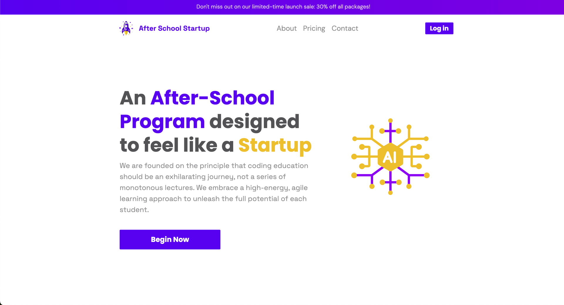After School Startup landing page